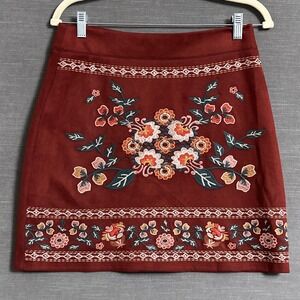 THML Skirt M Red Embroidered Floral A Line Mini Faux Suede Boho Festival Fall‎